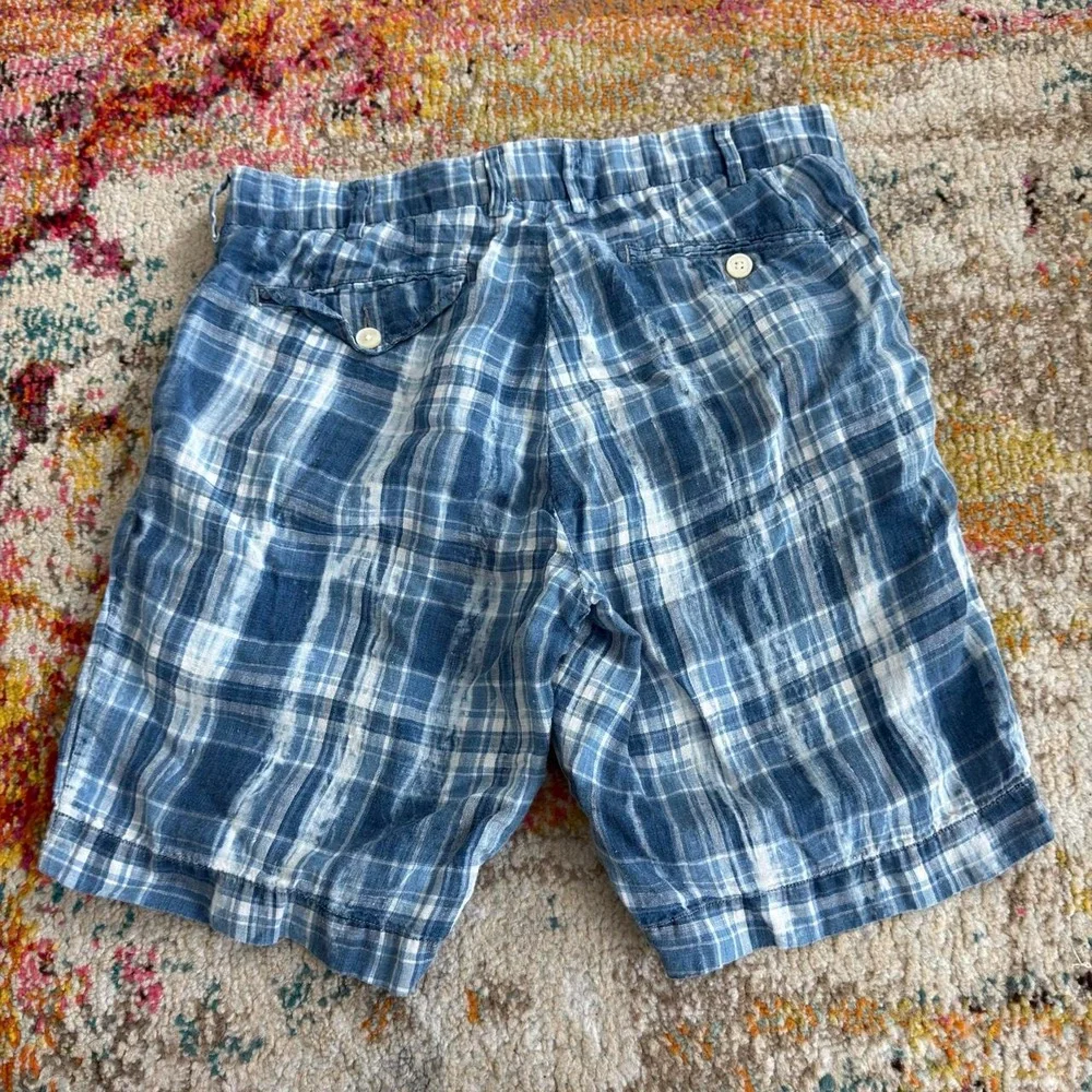 Ralph Lauren Authentic India Madras 100% Linen Plaid Shorts Blue White Mens 30W